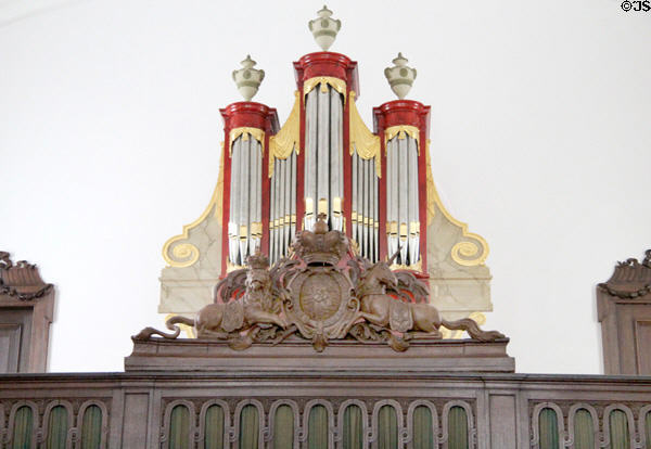 Details of organ & coat of arms on balcony of Royal Chapel. Het Loo, Netherlands.