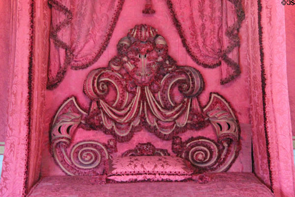 Detail in fabric dyed with cochineal (derived from small insects in subtropical Americas) in bedchamber reserved for Queen Mary II. Het Loo, Netherlands.