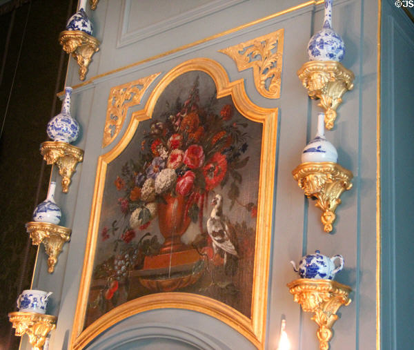 Delft objects places on shelves above fireplace in one of Princess Mary's private rooms. Het Loo, Netherlands.