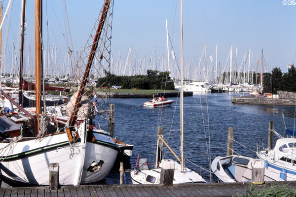 Boats in a Hindeloopen harbor. Hindeloopen, Netherlands.
