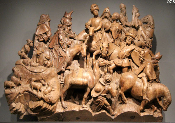 The magi wood carving fragment from St Janskerk in 's Hertogenbosch (1475-7) by Adriaen van Wesel of Utrecht at Rijksmuseum. Amsterdam, NL.