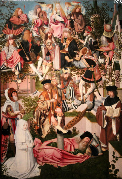 Jesse Tree painting giving family tree including Jesse of Bethlehem, King David, Solomon & Jesus (c1500) by Geertgen tot Sint-Jans at Rijksmuseum. Amsterdam, NL.