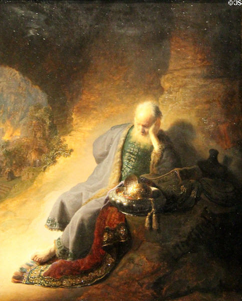 Jeremiah Lamenting the Destruction of Jerusalem painting (1630) by Rembrandt van Rijn at Rijksmuseum. Amsterdam, NL.