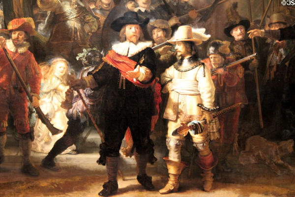 Detail of Night Watch painting (1642) by Rembrandt van Rijn at Rijksmuseum. Amsterdam, NL.