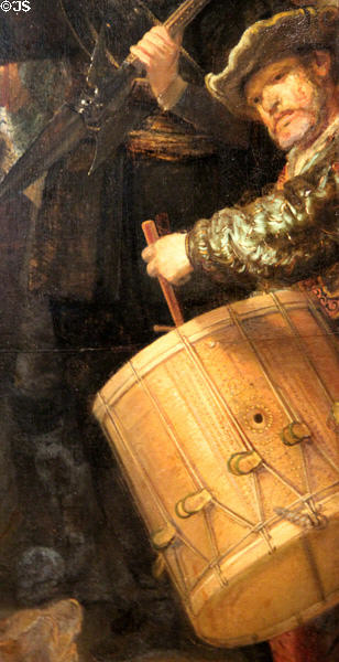 Detail of Night Watch painting (1642) by Rembrandt van Rijn at Rijksmuseum. Amsterdam, NL.
