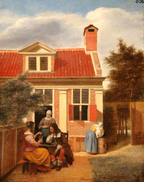 Figures in courtyard behind a house painting (c1663-5) by Pieter de Hooch at Rijksmuseum. Amsterdam, NL.