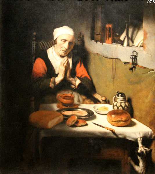 Old woman saying grace (aka Prayer without End) painting (c1656) by Nicolaes Maes at Rijksmuseum. Amsterdam, NL.