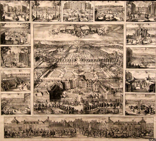 Bird's-eye view of Het Loo Royal Palace & court scenes etching (c1700) by Romeyn de Hooghe at Rijksmuseum. Amsterdam, NL.