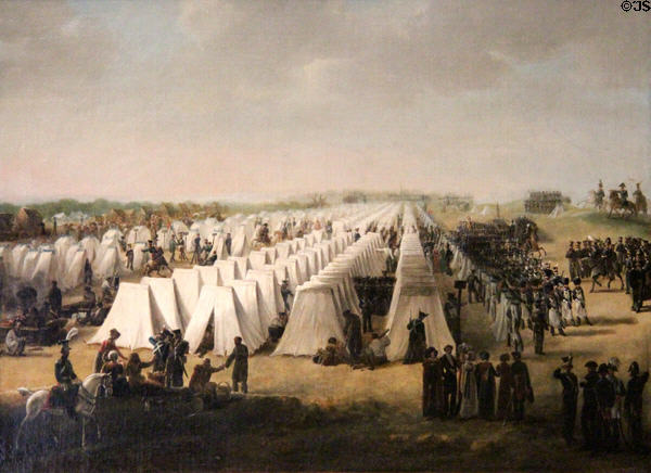 Dutch Army Camp at Rijen painting (1831) as troops of United Kingdom of the Netherlands gathered to suppress a revolt to form independent state of Belgium at Rijksmuseum. Amsterdam, NL.