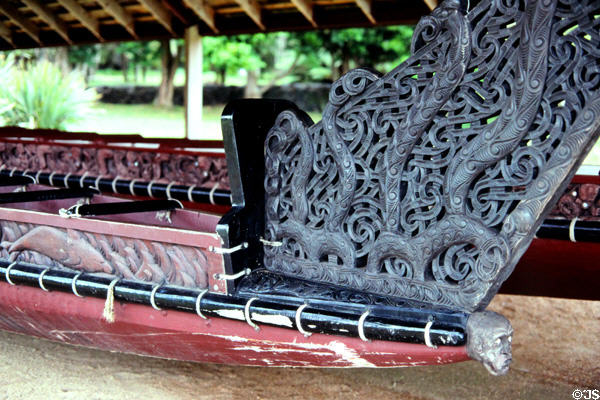 Details of carvings on War Canoe in Waitangi. New Zealand.