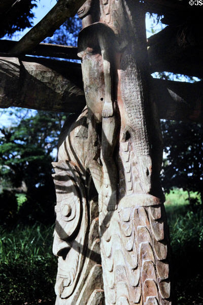 Wooden carved support post of house Tambaran in Angoram. Papua New Guinea.