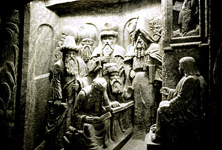 Religious carving in church carved into salt cave, Wieliczka Salt Mine. Poland.