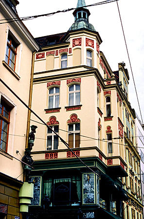 Carved African figures on corner of Ruska & Kietbasnicza Streets, Wroclaw. Poland.
