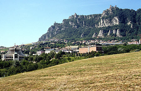 San Marino view of lower town and fortified heights. San Marino.