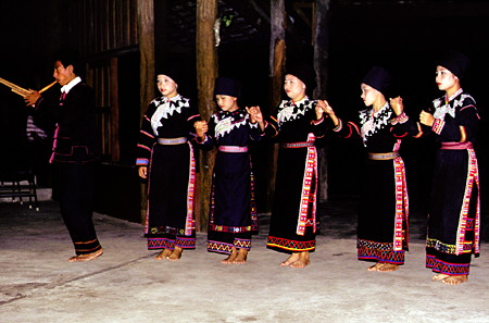 Meo dancers giving a traditional performance, Chiang Mai. Thailand.