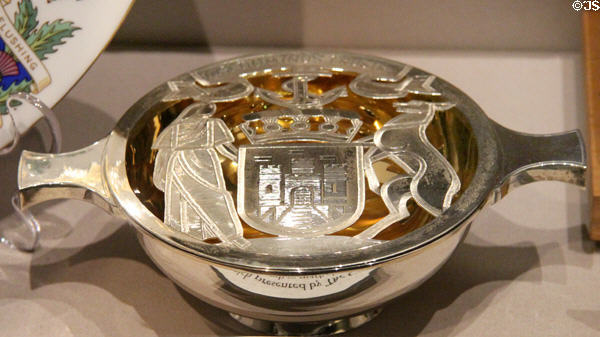 Silver quaich (1983) presented to Regiment by City of Edinburgh to mark 350th anniversary at Royal Scots Museum. Edinburgh, Scotland.