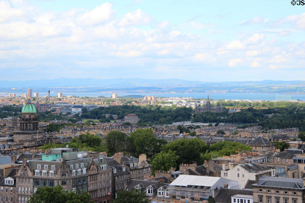 Green Charlotte Square with Firth of Forth beyond from Edinburgh Castle. Edinburgh, Scotland.