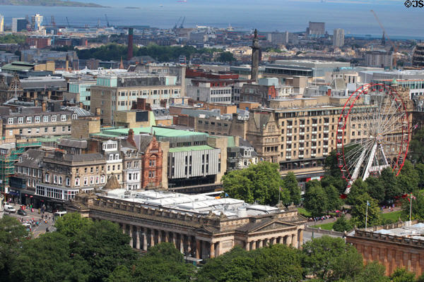 Scottish National Gallery on Princes Street Gardens with temporary Festival Wheel. Edinburgh, Scotland.