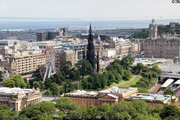 Scottish National Gallery on Princes Street Gardens with Festival Wheel, Scott Monument Gothic spire, Waverley rail station & Firth of Forth beyond. Edinburgh, Scotland.