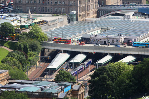 Waverley rail station on Princes Street Gardens. Edinburgh, Scotland.