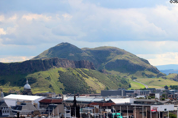 Salisbury Crags extinct volcano from Edinburgh Castle. Edinburgh, Scotland.