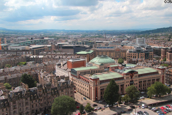 Usher Hall with green dome & western view of city from Edinburgh Castle. Edinburgh, Scotland.