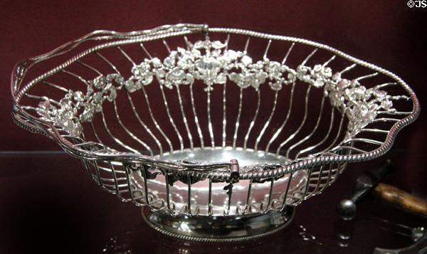 Silver wirework bread or dessert basket (1778-9) by Alexander Gairdner of Edinburgh at Museum of Edinburgh. Edinburgh, Scotland.