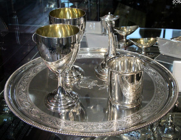 Silver salver (1805-6) by W&P Cunningham of Edinburgh plus other silver vessels at Museum of Edinburgh. Edinburgh, Scotland.
