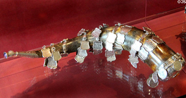 Wooden snuff mull with silver medallions (1874) by CT&M Crichton of Edinburgh at Museum of Edinburgh. Edinburgh, Scotland.