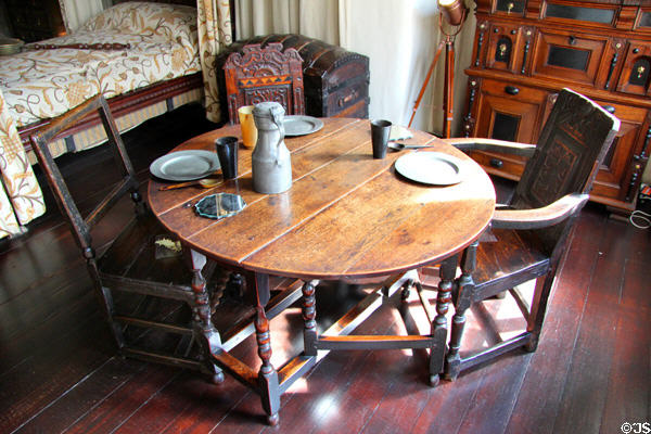 Gateleg table & carved chairs (17thC) in painted chamber at Gladstone's Land tenement house. Edinburgh, Scotland.