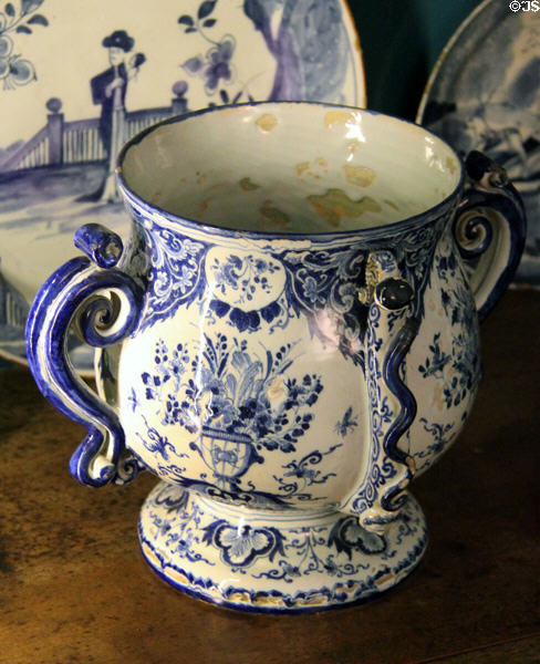 Tin-glazed earthenware posset pot in Georgian room at Gladstone's Land tenement house. Edinburgh, Scotland.
