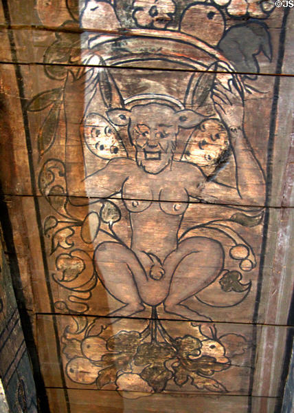 Ceiling painting with bearded creature (c1600) in Oak room at John Knox House. Edinburgh, Scotland.