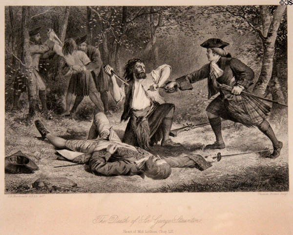 Heart of Midlothian death of Sir George Staunton engraving (c1818) by Thomas Brown after painting by John B. Macdonald for Scott's novel at Writers' Museum. Edinburgh, Scotland.