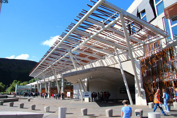 Entrance of Scottish Parliament (2004). Edinburgh, Scotland. Style: Post-modern. Architect: Enric Miralles.