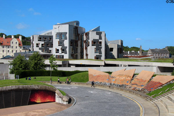 Scottish Parliament buildings above amphitheater of neighboring Our Dynamic Earth. Edinburgh, Scotland.
