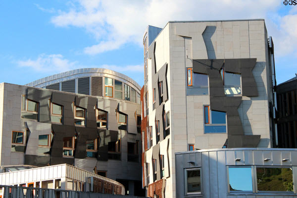 Dynamic skater shapes in several colors on walls of Scottish Parliament. Edinburgh, Scotland.
