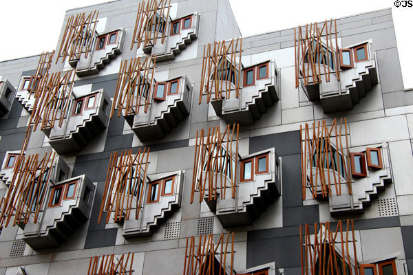 Zigzag crow steps gable shapes with stave screens, one theme of Scottish Parliament architecture. Edinburgh, Scotland.