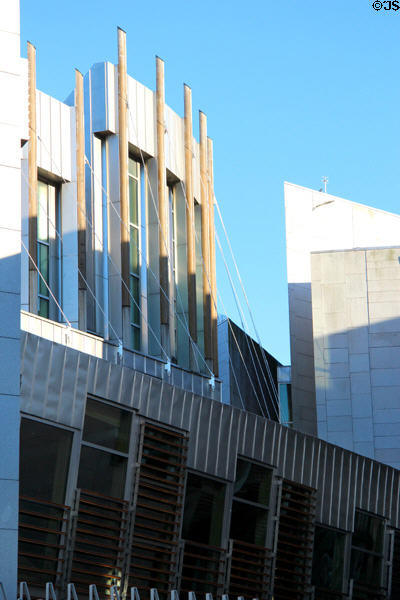 Window area with wooden poles at Scottish Parliament. Edinburgh, Scotland.