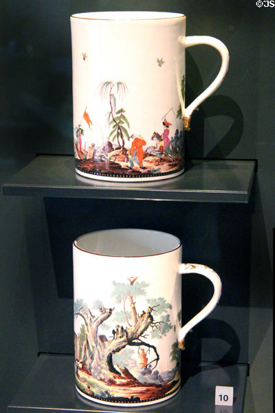Porcelain tankards (c1740) from Meissen, Germany at National Museum of Scotland. Edinburgh, Scotland.