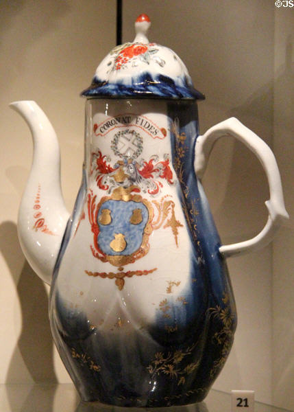 Porcelain coffee pot with arms of Pringle of Stitchill, Roxburghshire (c1770) by William Littler's West Pans Pottery of East Lothian, Scotland's first porcelain factory at National Museum of Scotland. Edinburgh, Scotland.