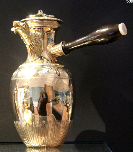 Chocolate pot from travelling service which belonged to Pauline Borghese, sister of Emperor Napoleon with more than 100 silver gilt item (c1803) by Martin-Guillaume Biennais of Paris at National Museum of Scotland. Edinburgh, Scotland.