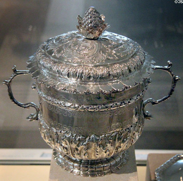 Silver porringer & covered dish (1682-3) by Alexander Reid of Edinburgh at National Museum of Scotland. Edinburgh, Scotland.