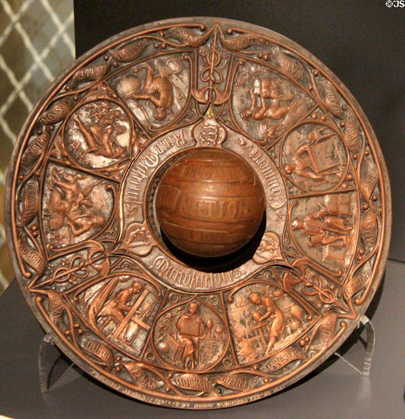 Brass & copper inkwell souvenir of Great Exhibition (1851) by Elkington & Co. of Birmingham, England at National Museum of Scotland. Edinburgh, Scotland.
