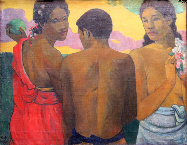 Three Tahitians painting (1899) by Paul Gauguin at National Gallery of Scotland. Edinburgh, Scotland.