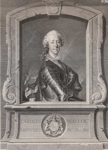 Charles Edward Stuart (Bonnie Prince Charlie) engraving (1748) by Johann Georg Wille after Louis Tocqué at National Portrait Gallery of Scotland. Edinburgh, Scotland.