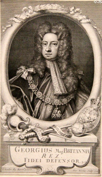 George, King of Great Britain engraving (1718) by George Vertue after Sir Godfrey Kneller at National Portrait Gallery of Scotland. Edinburgh, Scotland.