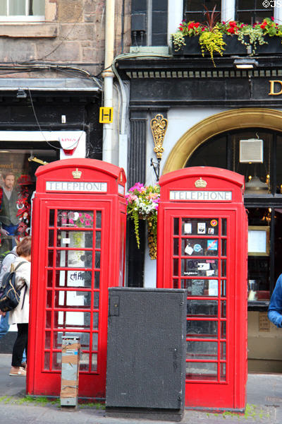 Red phone booths on Royal Mile. Edinburgh, Scotland.
