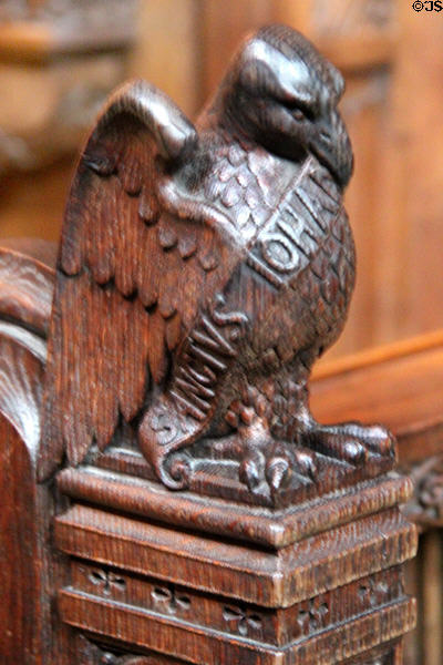 Carved eagle of evangelist St John in Thistle Chapel at St Giles Cathedral. Edinburgh, Scotland.