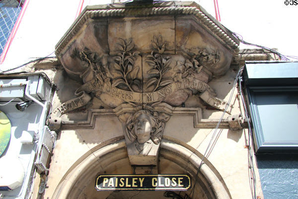 Sculpted entrance to Paisley Close on High Street. Edinburgh, Scotland.