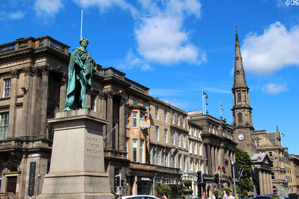 George St. streetscape with George IV Monument plus St Andrew's & St George's Church. Edinburgh, Scotland.
